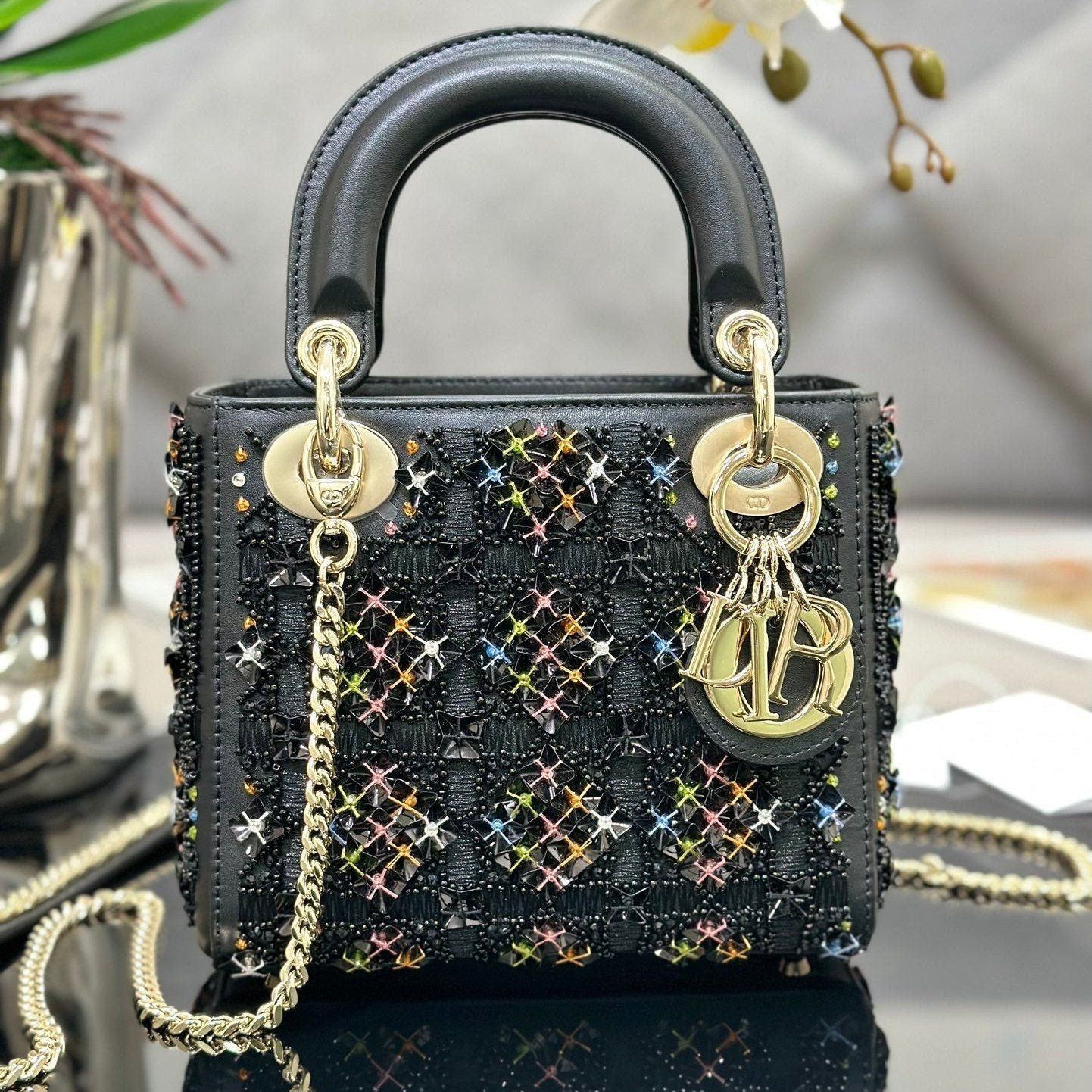 Dior Mini Lady 17 Black Lambskin Black Beads