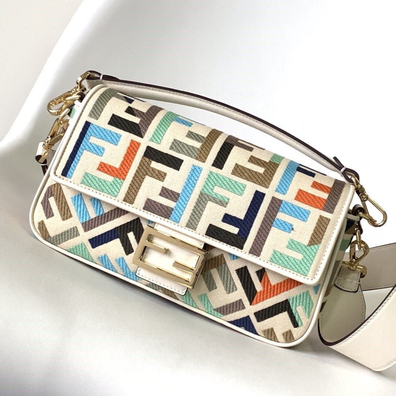 Fendi Baguette 27 White Multicolour Embroidery