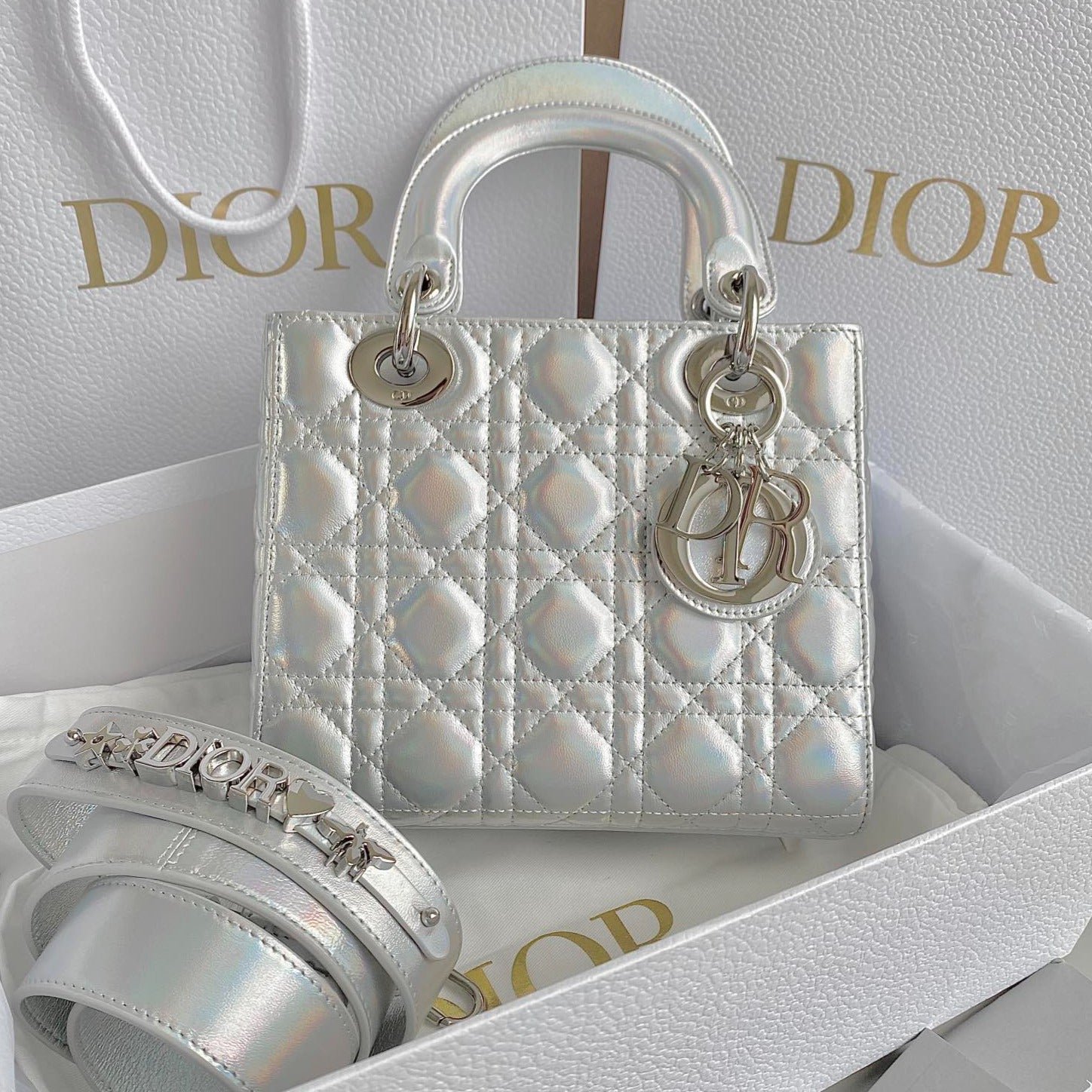 Dior Lady Silver Metallic Quilted Bag