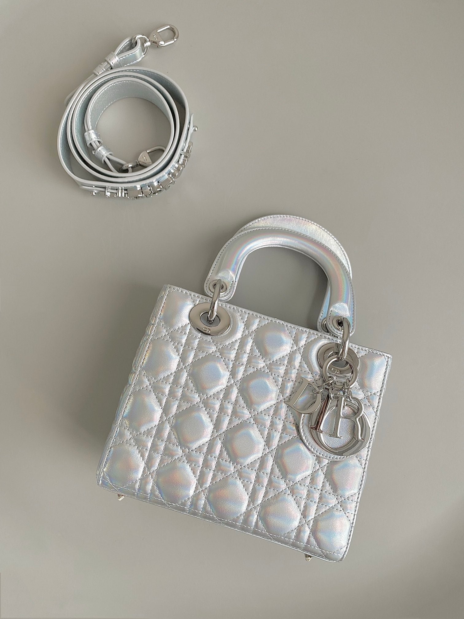 Dior Lady Silver Metallic Quilted Bag - Image 6