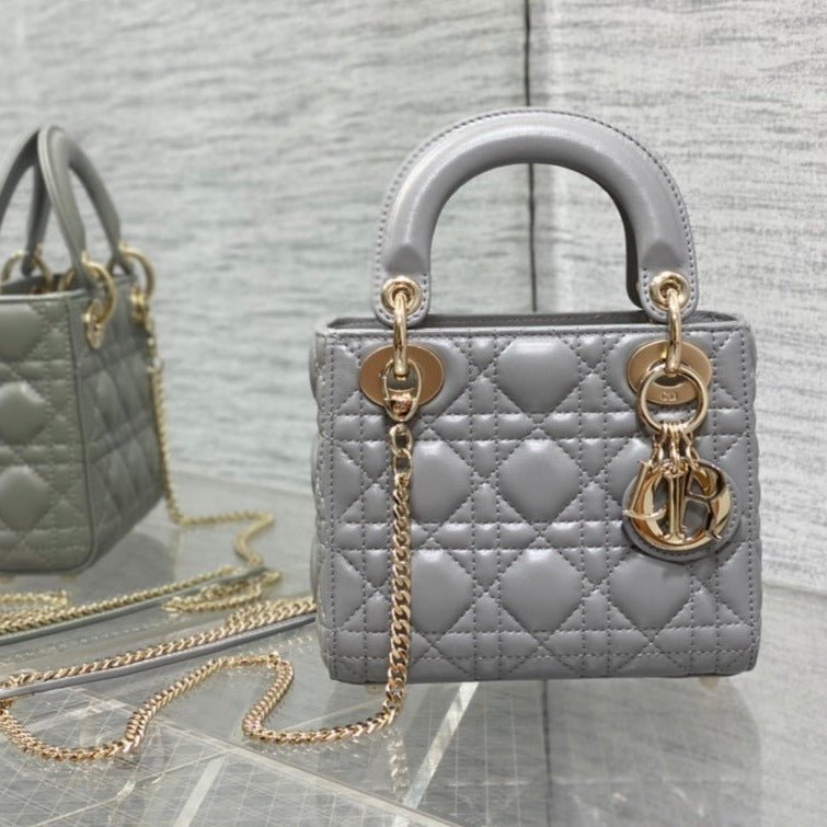 Dior Mini Lady Grey Lambskin Quilted Handbag