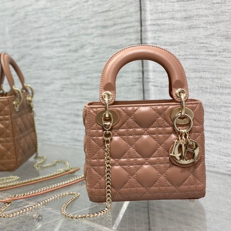Dior Mini Lady Pinkish Brown Lambskin Quilted Handbag