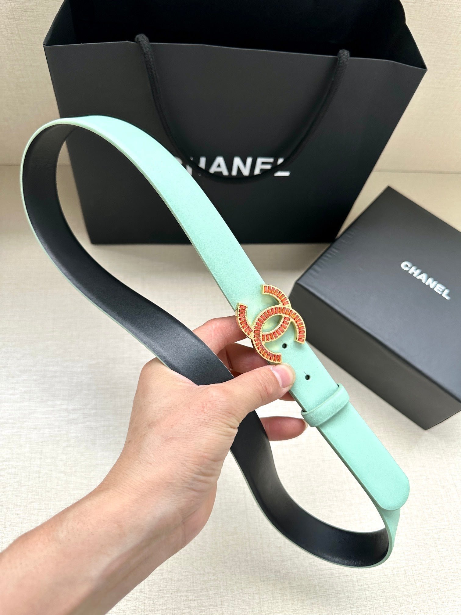 Chanel Mint Leather Crystal Belt - Image 3