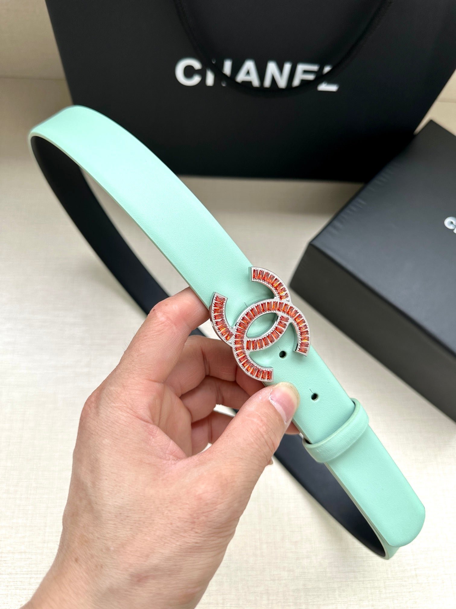 Chanel Mint Leather Crystal Belt - Image 9