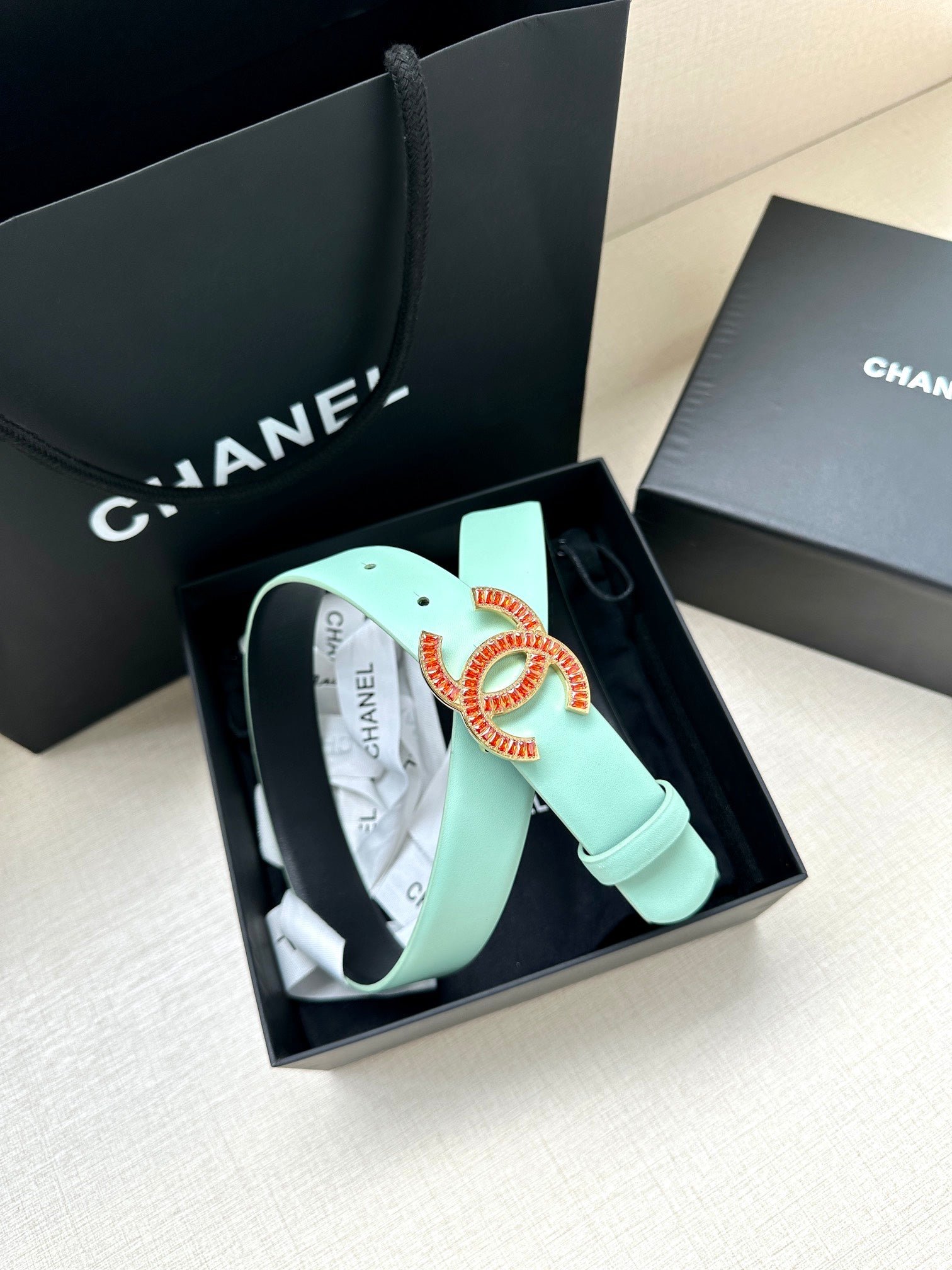 Chanel Mint Leather Crystal Belt - Image 7