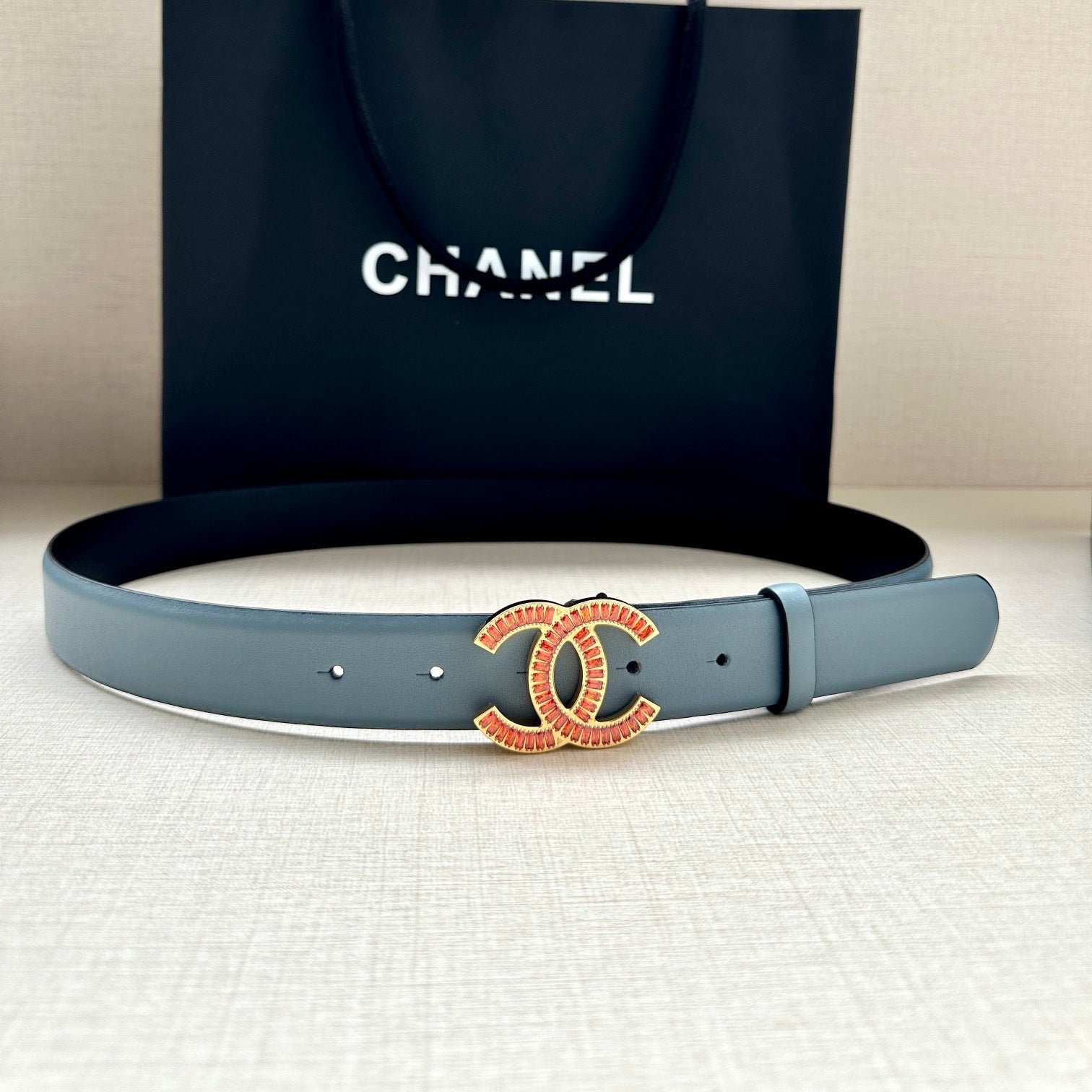 Chanel Grey Leather Crystal Belt