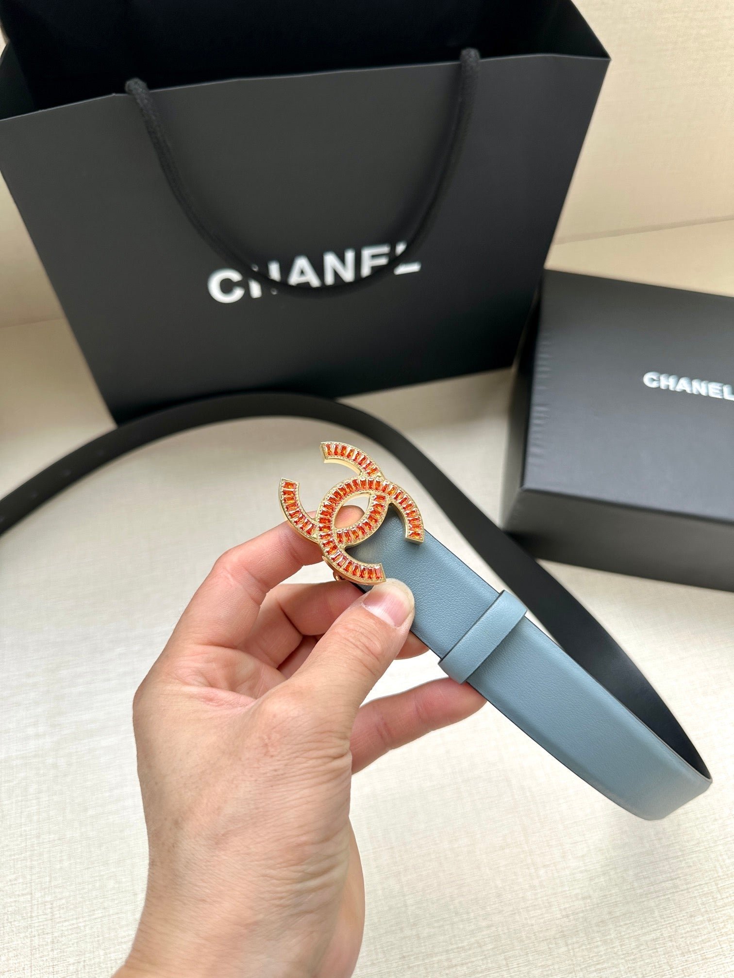 Chanel Grey Leather Crystal Belt - Image 3