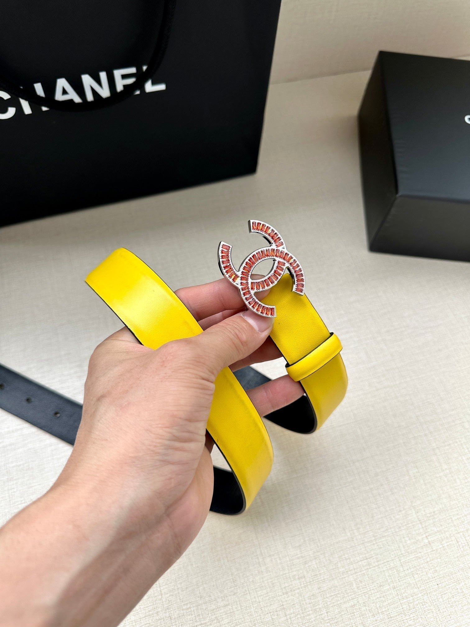 Chanel Yellow Leather Crystal Belt - Image 3