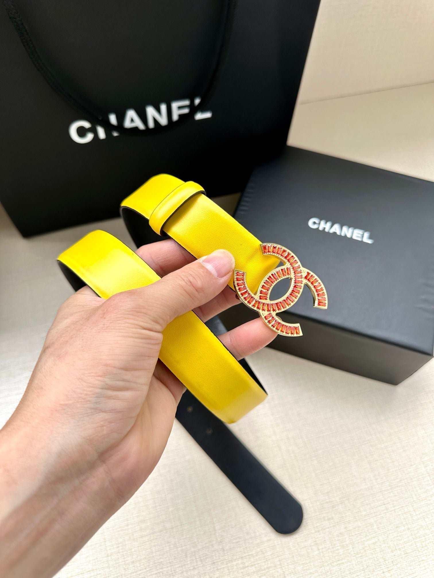 Chanel Yellow Leather Crystal Belt - Image 5