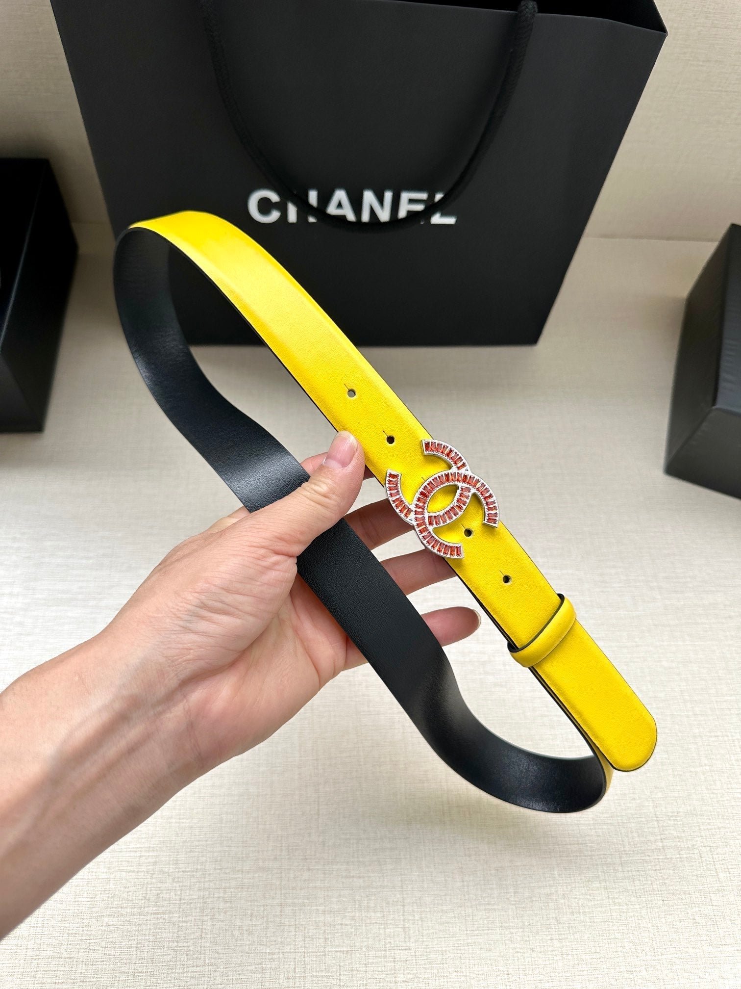 Chanel Yellow Leather Crystal Belt - Image 6