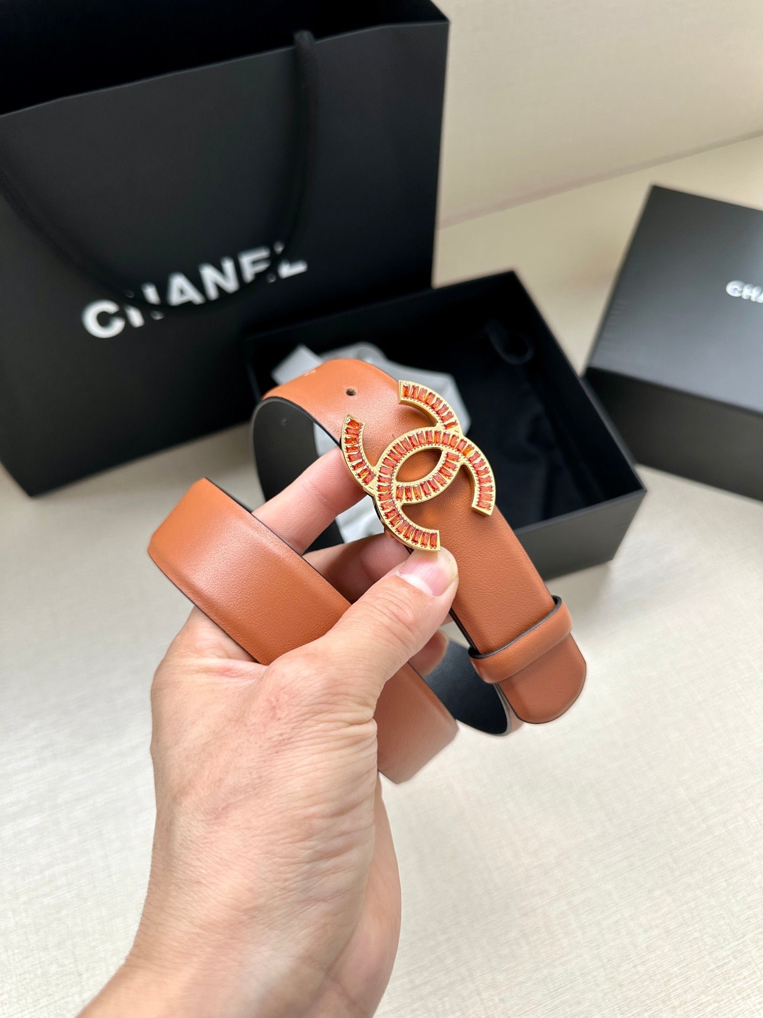 Alternative view of Chanel Brown Crystal Leather Belt