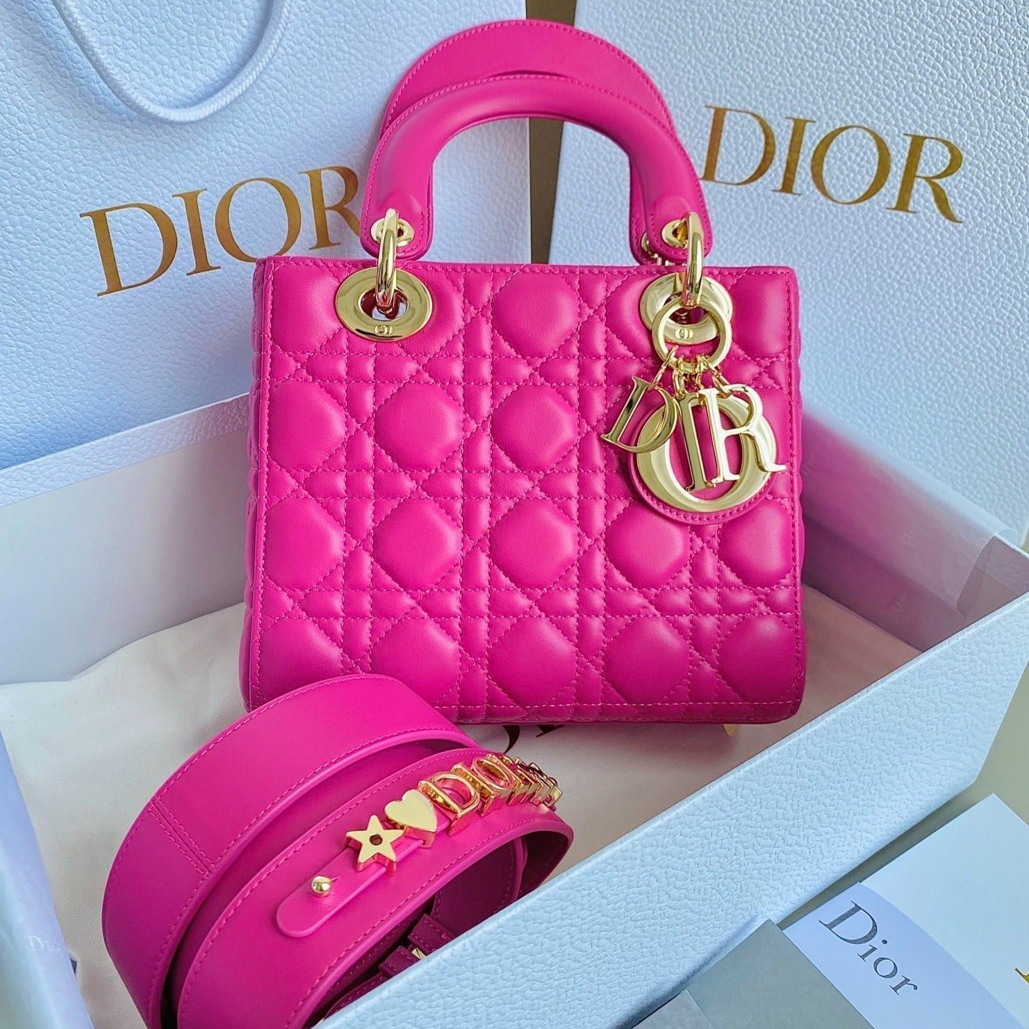 Dior Lady Hot Pink Quilted Lambskin Hand Bag