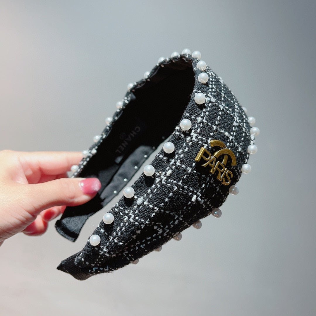 Chanel Black Tweed Pearl Gold CC Padded Headband - Image 3
