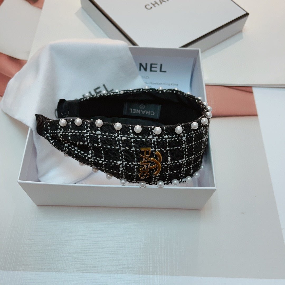 Chanel Black Tweed Pearl Gold CC Padded Headband - Image 5