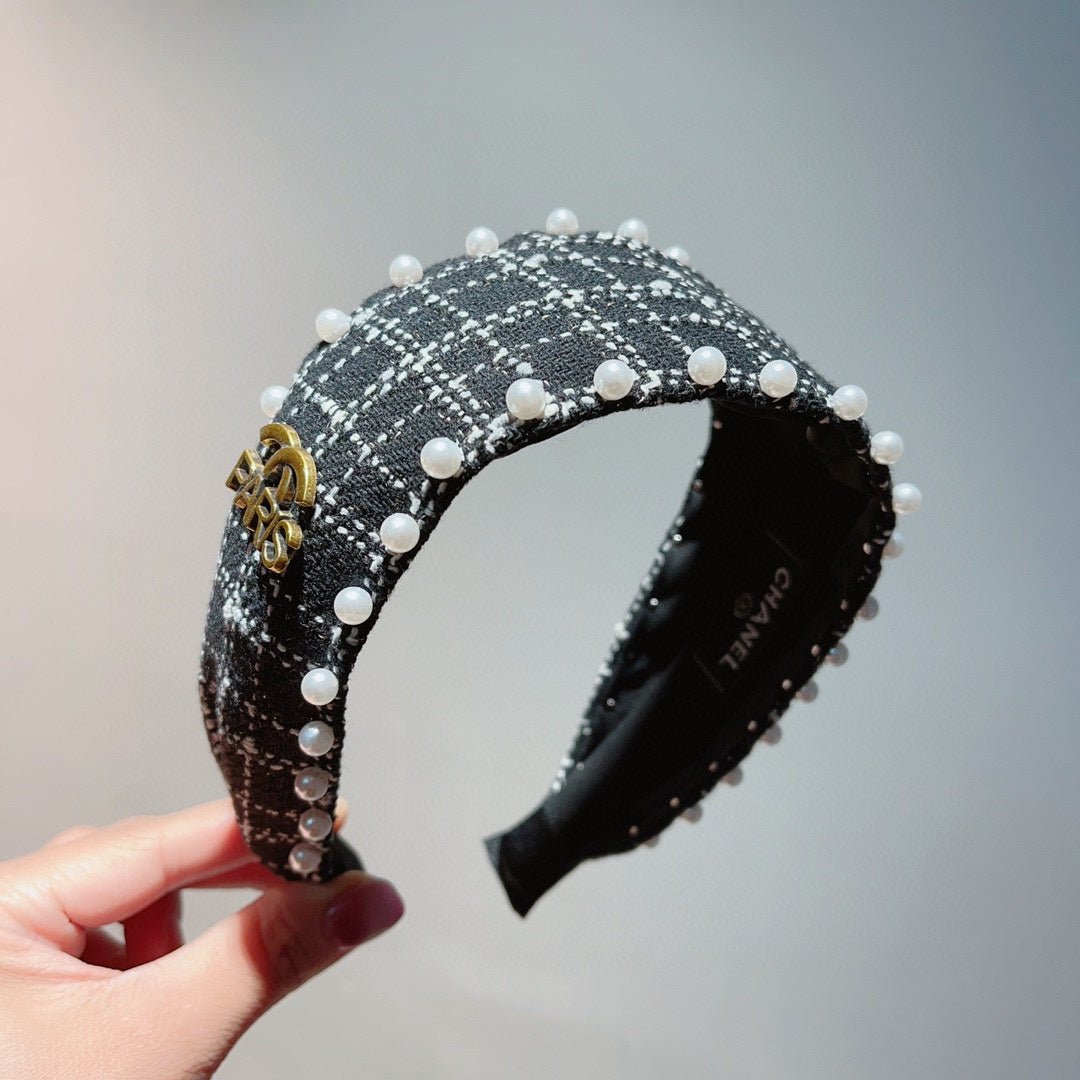 Chanel Black Tweed Pearl Gold CC Padded Headband - Image 6