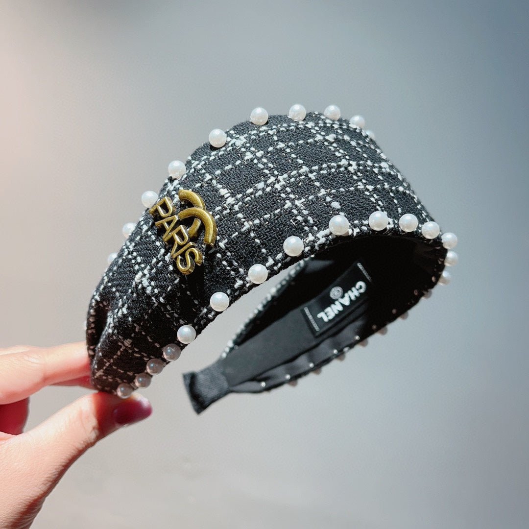 Chanel Black Tweed Pearl Gold CC Padded Headband - Image 7