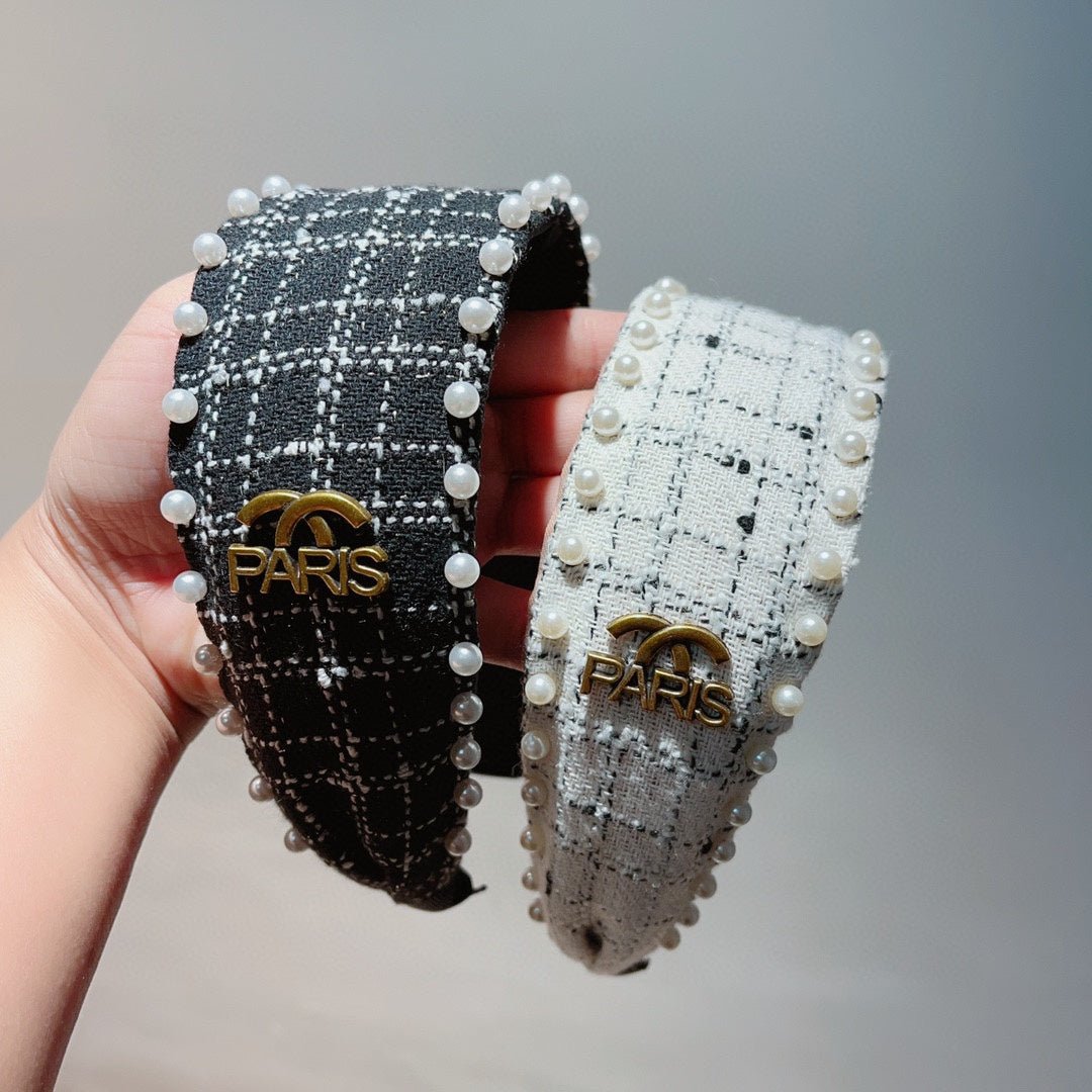 Chanel Black Tweed Pearl Gold CC Padded Headband - Image 9