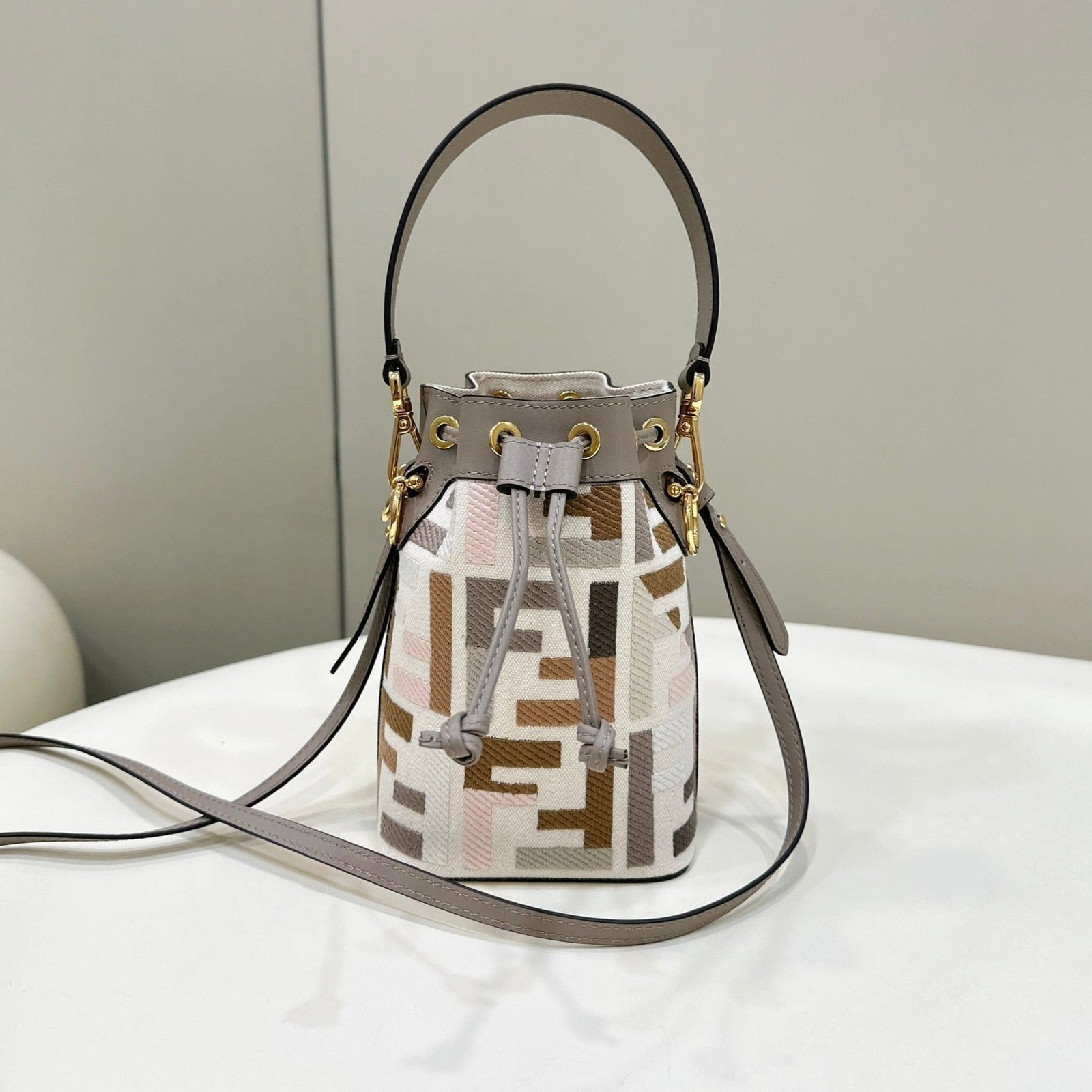 Fendi Mon Tresor 18 Canvas Calfskin Bucket Bag