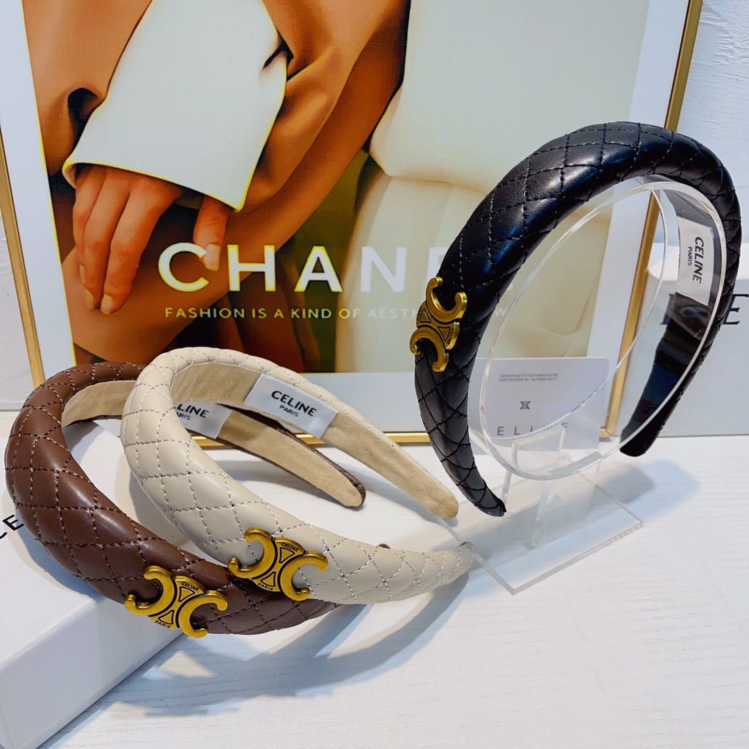 Celine Quilted Leather Triomphe Headband - Image 4