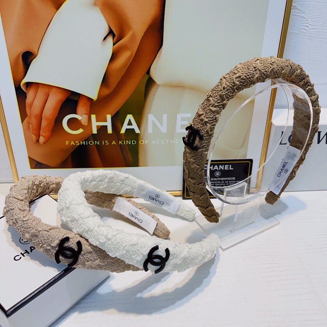 Chanel Beige Crinkle Fabric Black CC Headband - Image 4