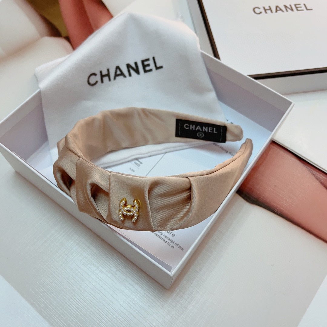 Chanel Beige Satin Ruched Pearl CC Headband - Image 6