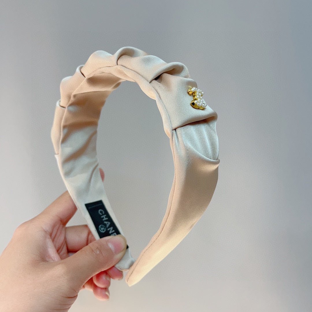 Chanel Beige Satin Ruched Pearl CC Headband - Image 8