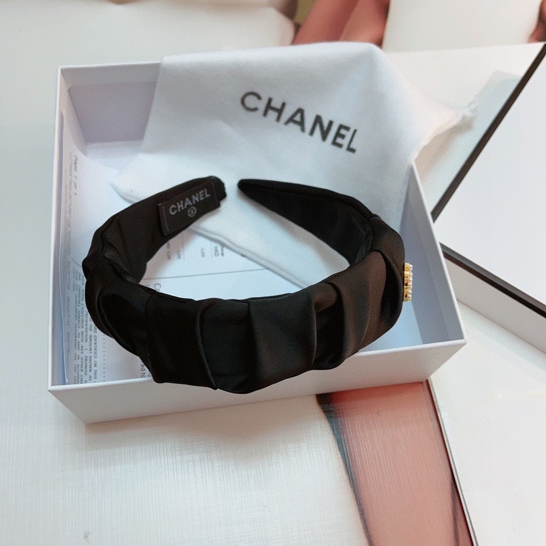 Chanel Black Satin Ruched Gold CC Headband - Image 5