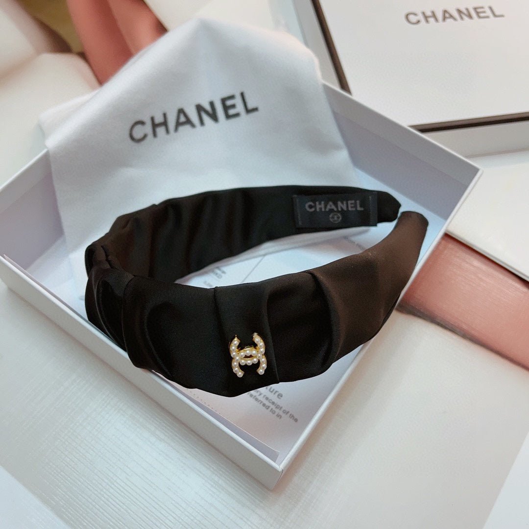 Chanel Black Satin Ruched Gold CC Headband - Image 7