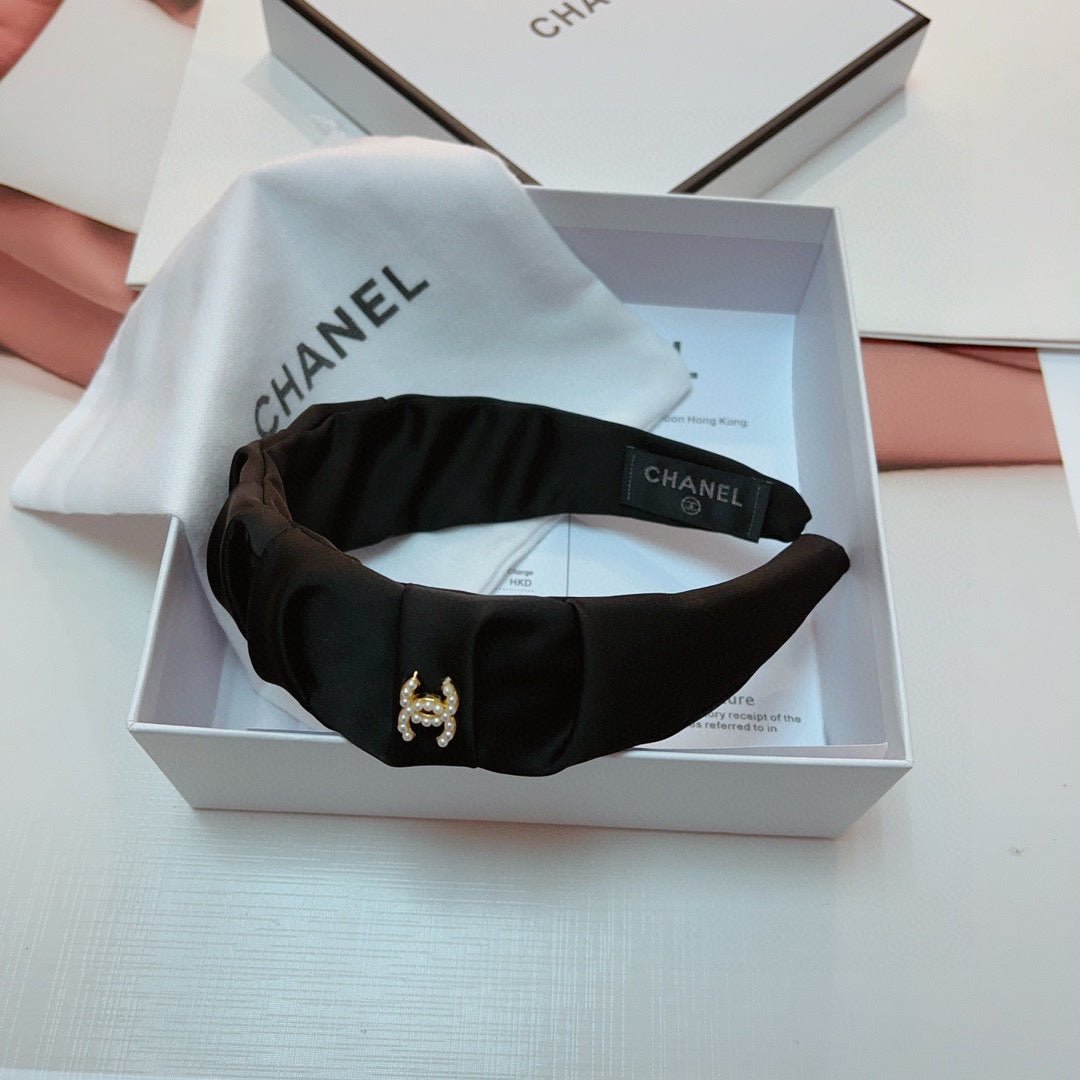Chanel Black Satin Ruched Gold CC Headband - Image 8