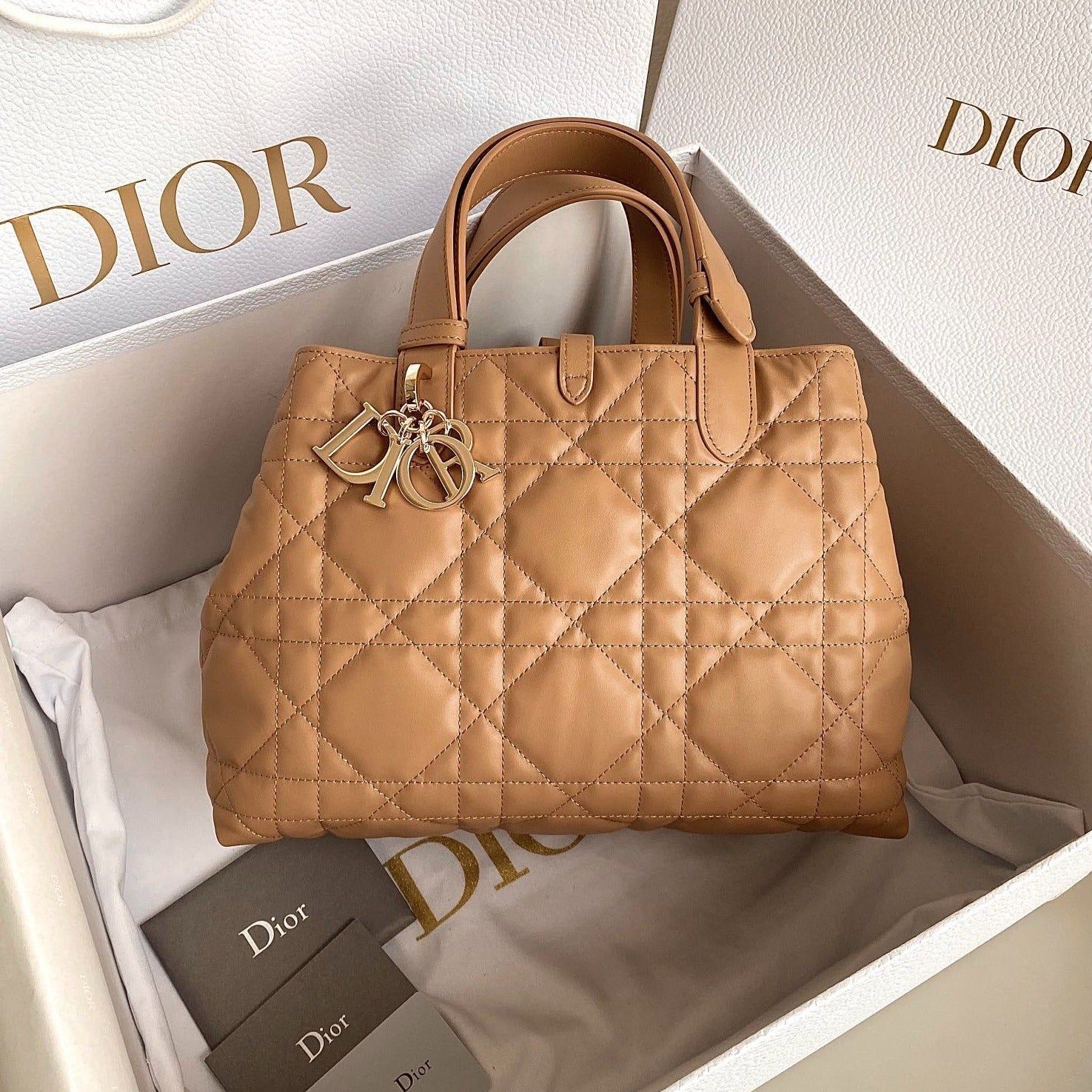 Dior Toujours Camel Beige Lambskin Quilted Tote Bag