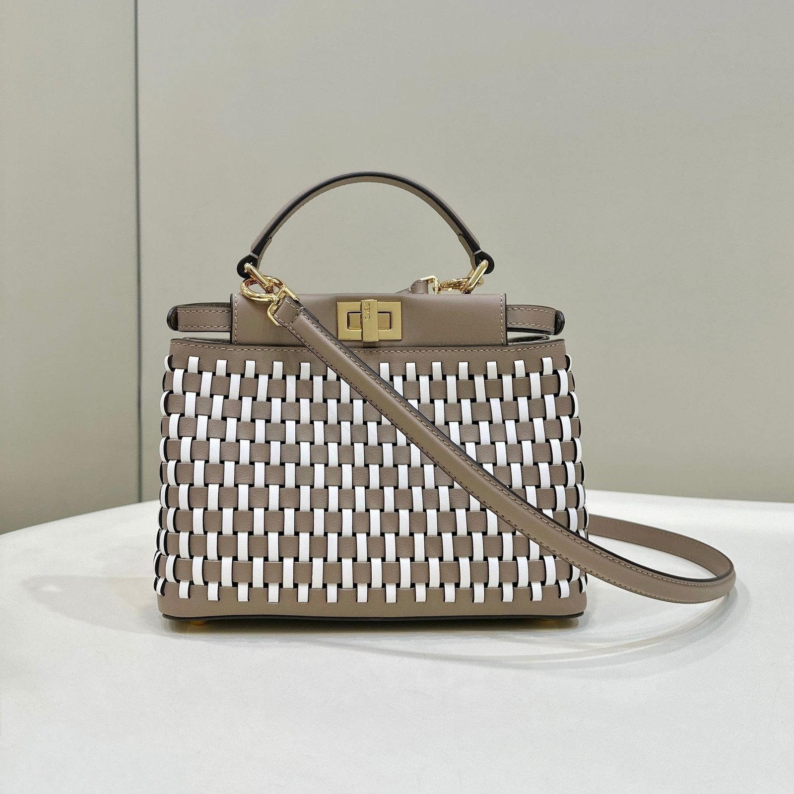 Fendi Peekaboo 24 White Mix Brown Interlaced Calfskin