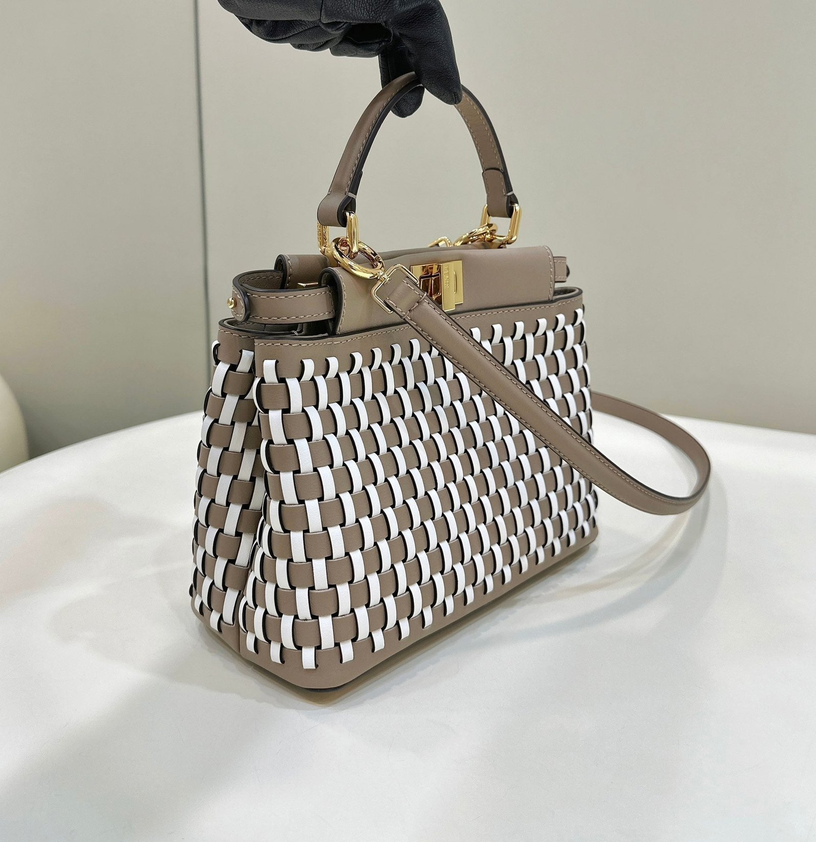 Alternative view of Fendi Peekaboo 24 White Mix Brown Interlaced Calfskin