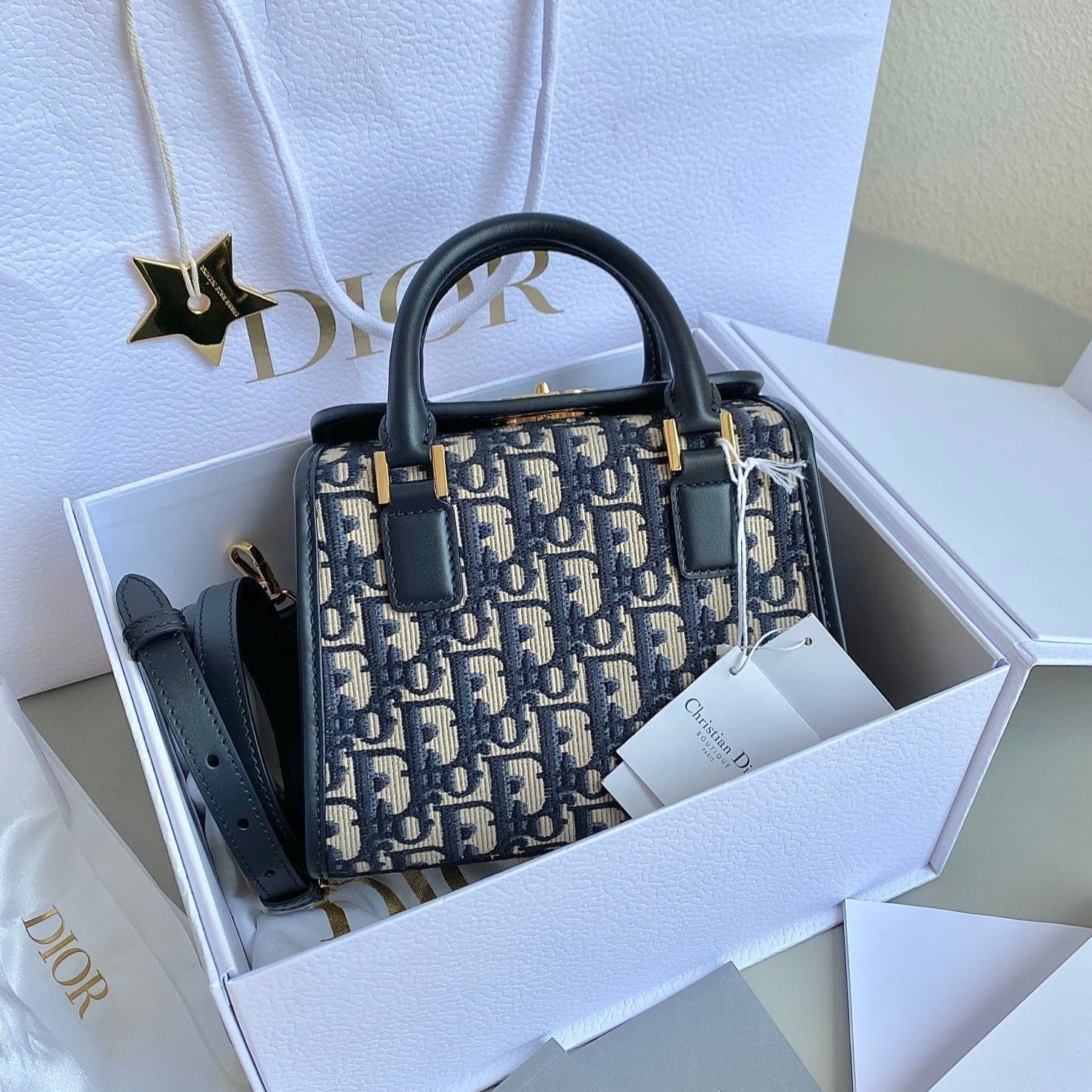 Dior Boston 20 Jacquard Handbag Blue