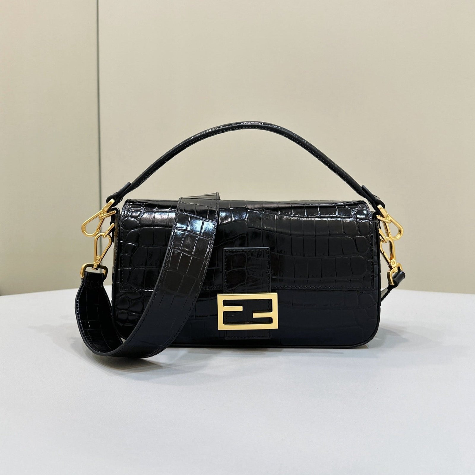 Fendi Baguette 27 Black Crocodile Pattern Glossy Calfskin