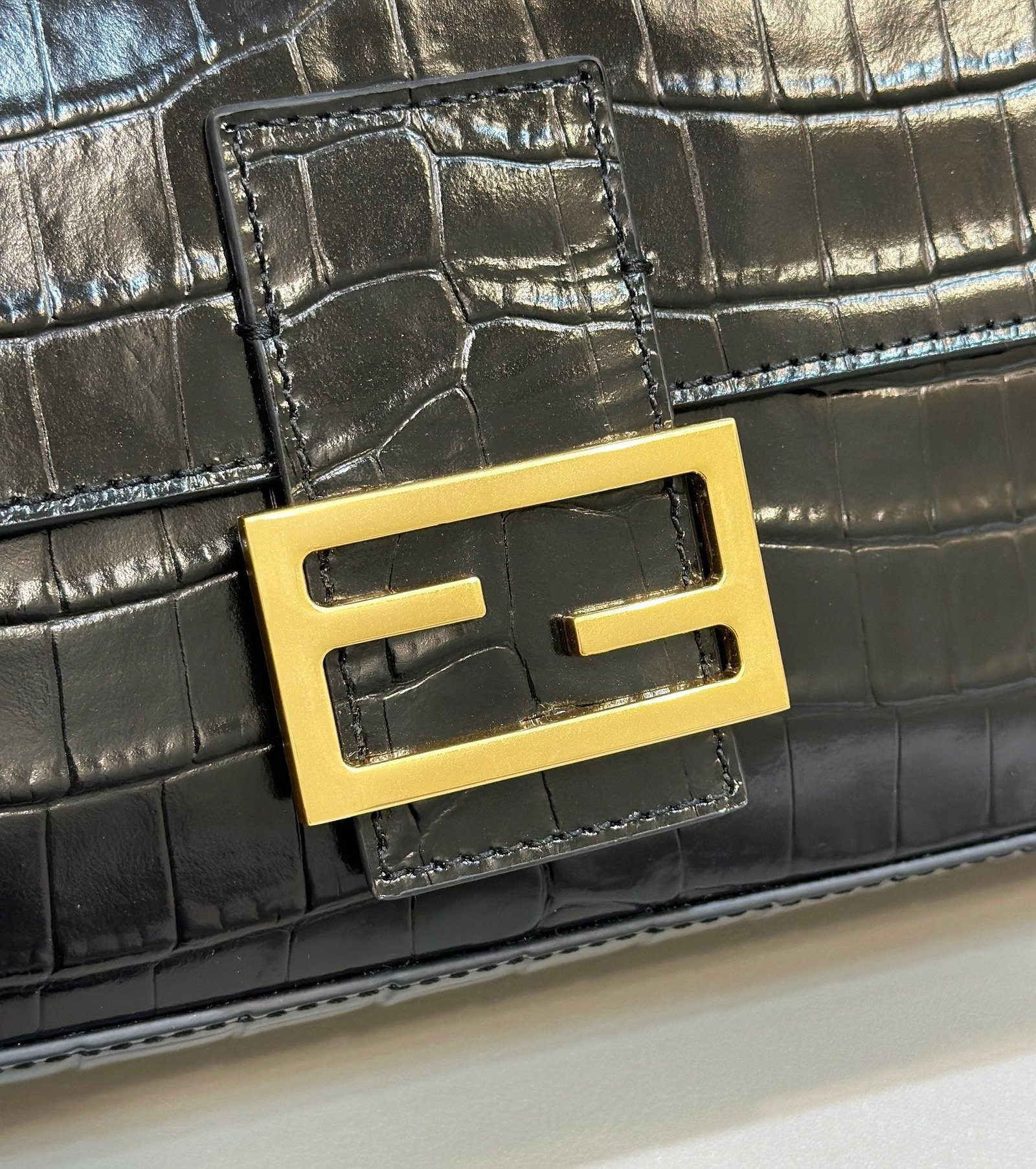 Fendi Baguette 27 Black Crocodile Pattern Glossy Calfskin - Image 3