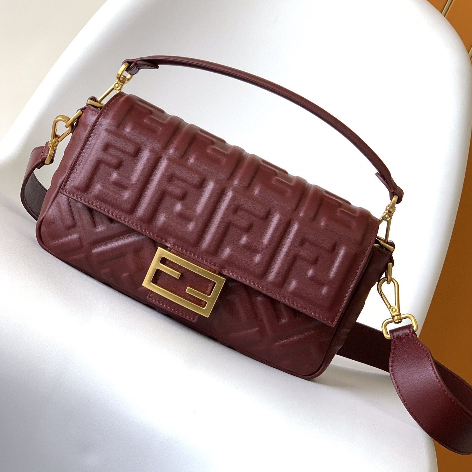 Fendi Baguette 27 Burgundy Motif Calfskin Bag
