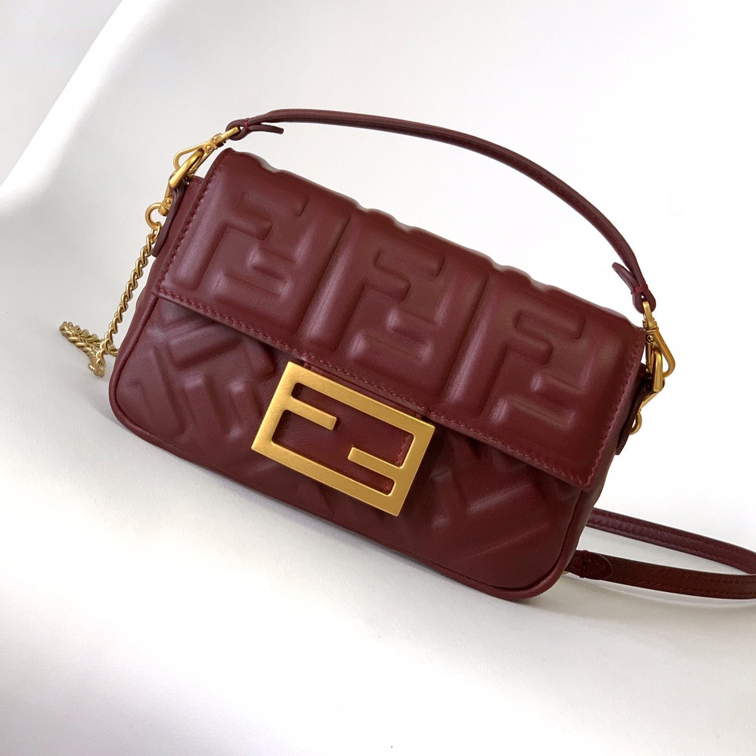 Fendi Mini Baguette 20 Burgundy Motif Calfskin Bag