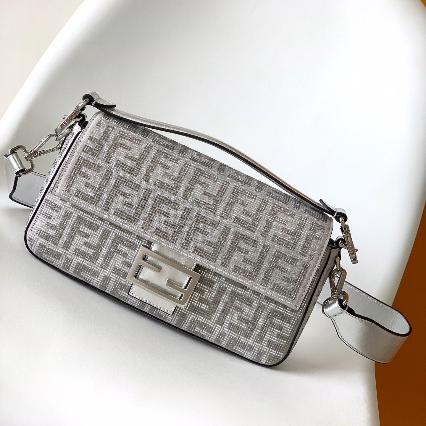 Fendi Baguette 27 Silver Crystal Calfskin Bag