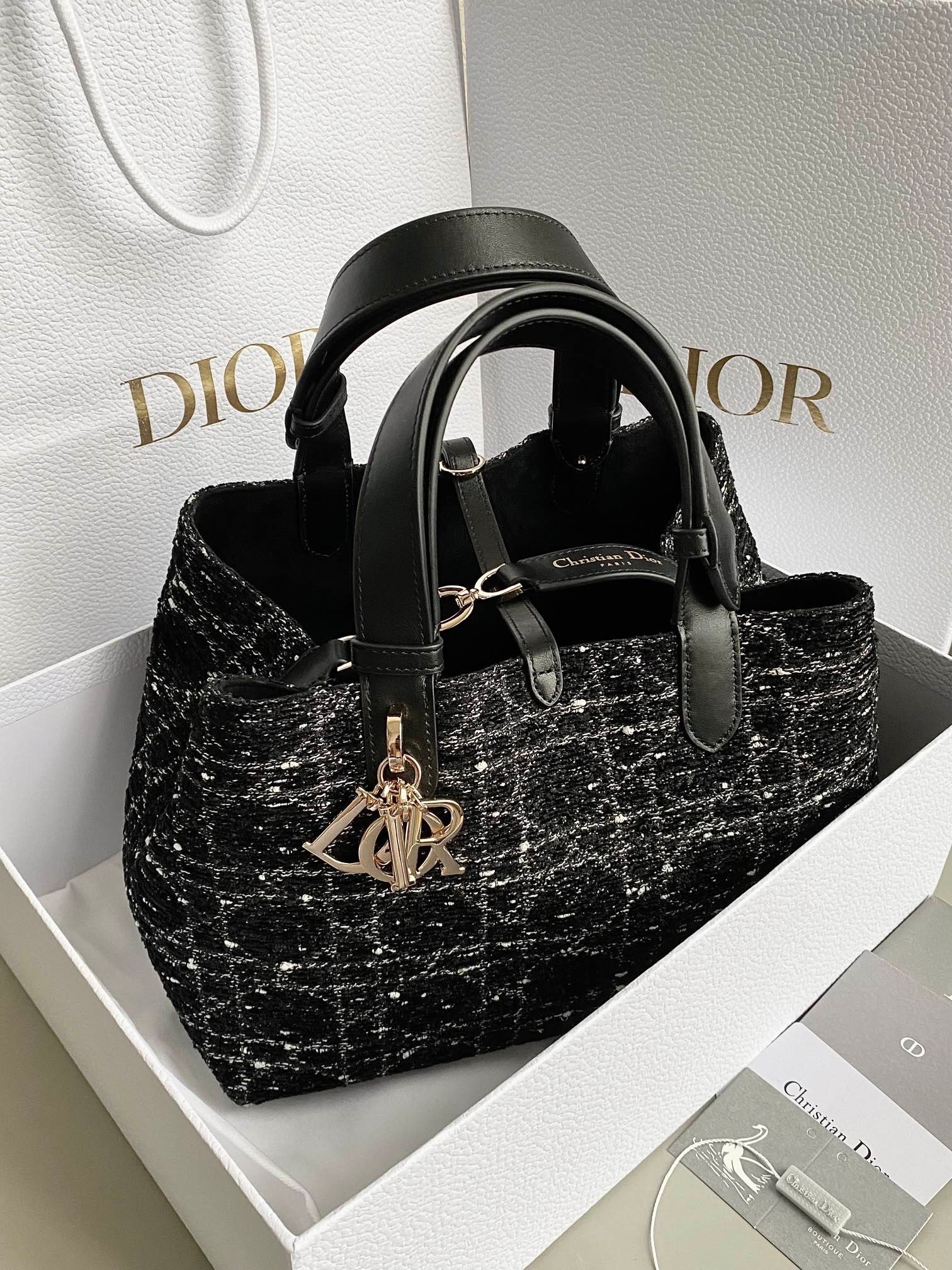 Dior Toujours Medium Black Tweed Top Handle Tote - Image 7