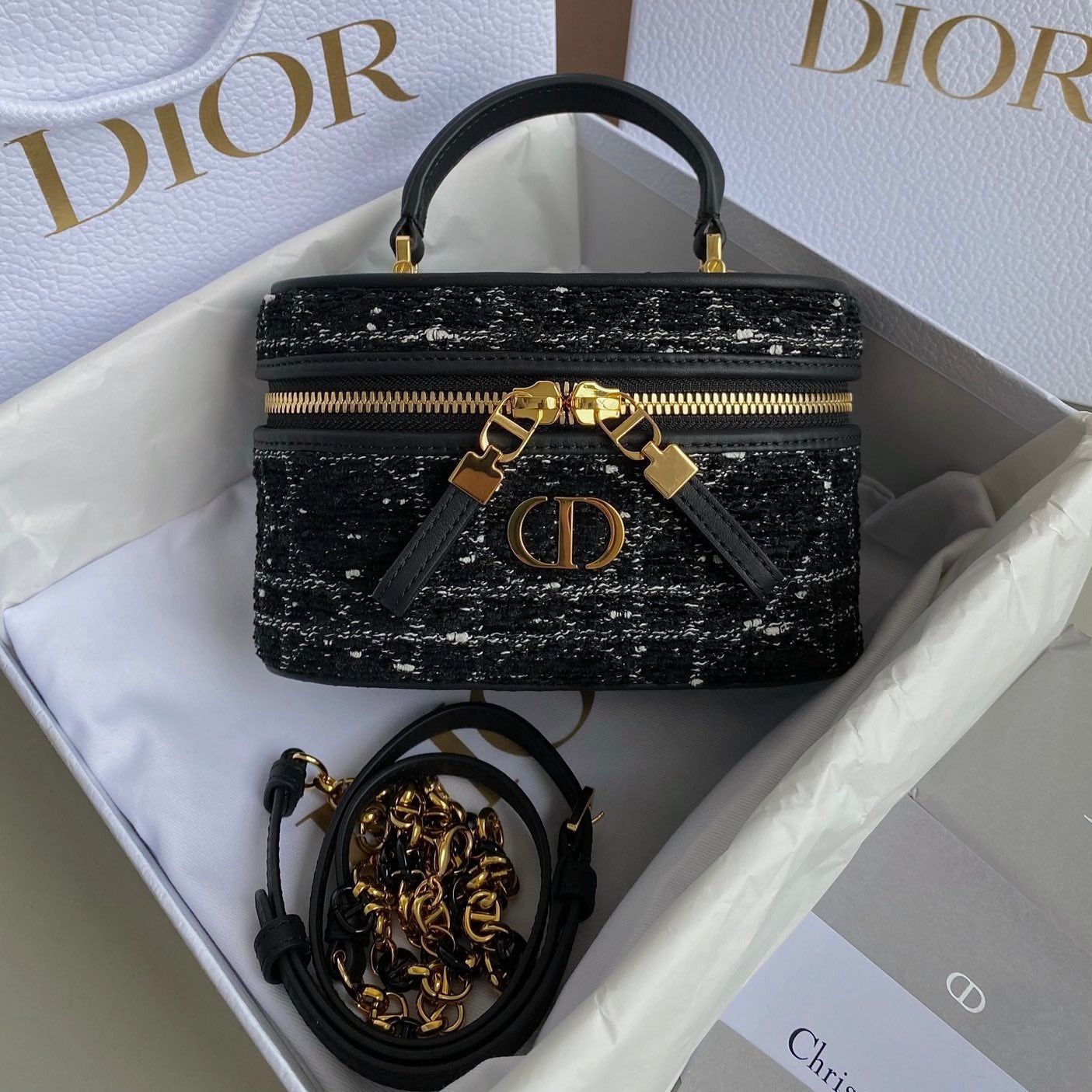 Dior Mini Caro Vanity 16 Black Tweed Makeup Bag