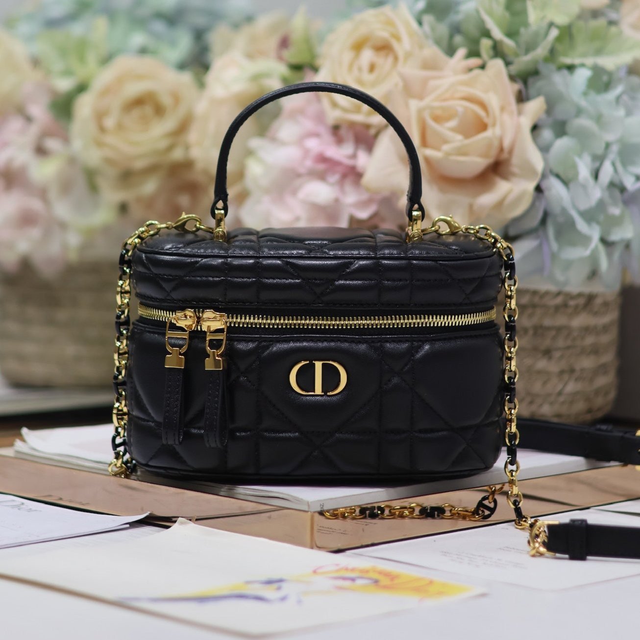 Dior Caro Black Lambskin Vanity Case Quilted