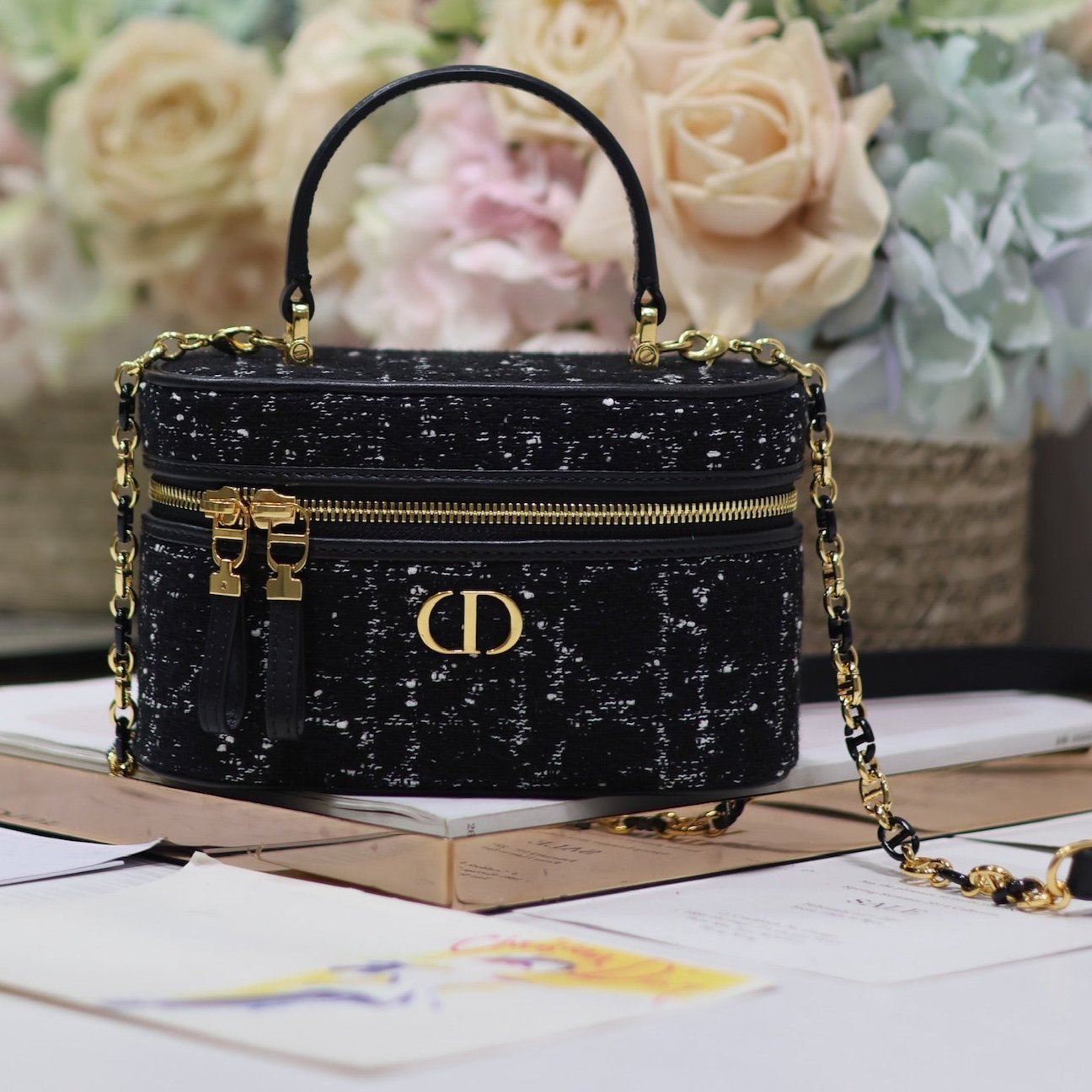 Dior Caro Black Tweed Vanity Fabric with Quilted
