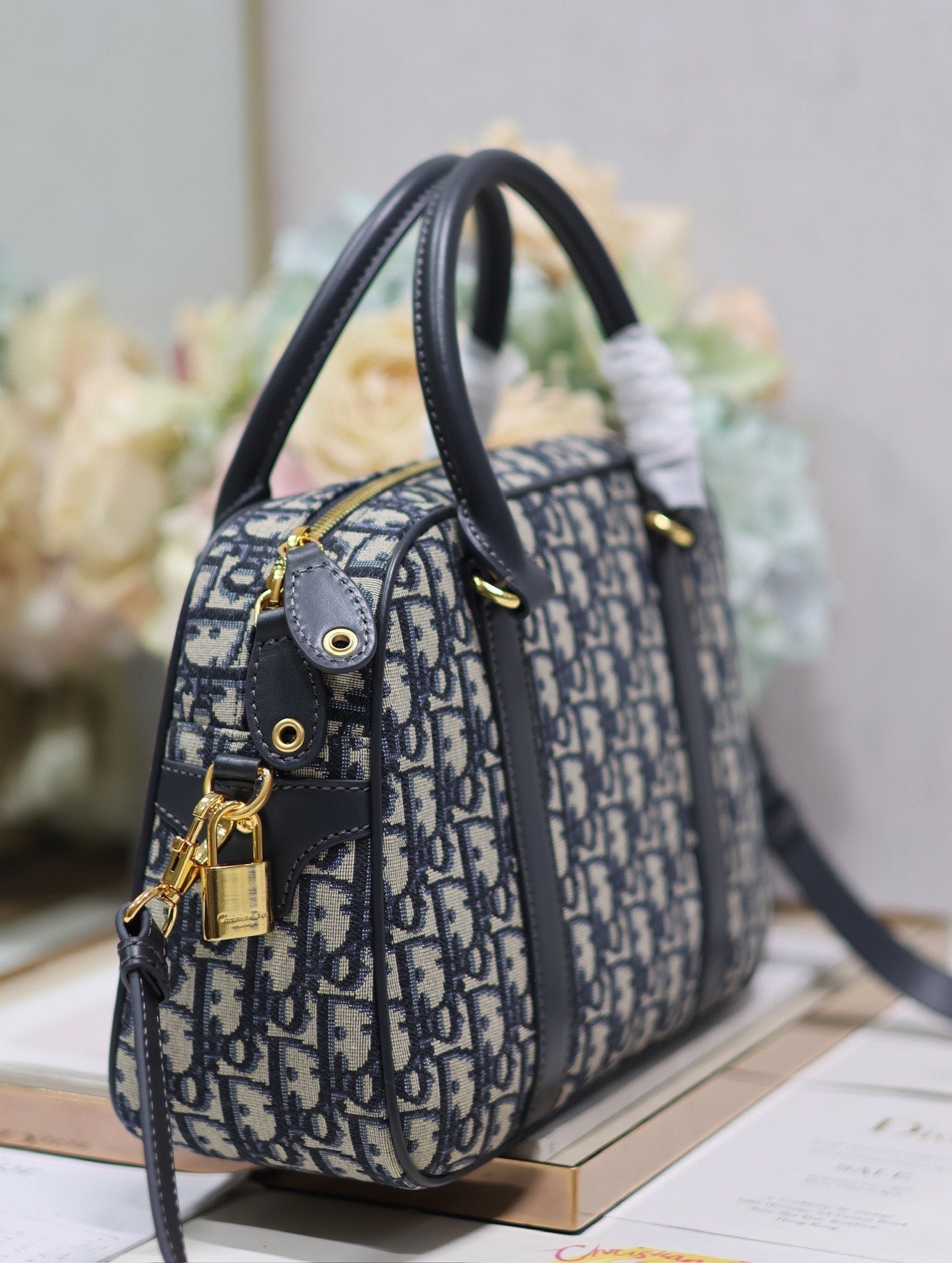 Dior D-Vibe Series Blue Oblique Jacquard Bowling Bag - Image 4