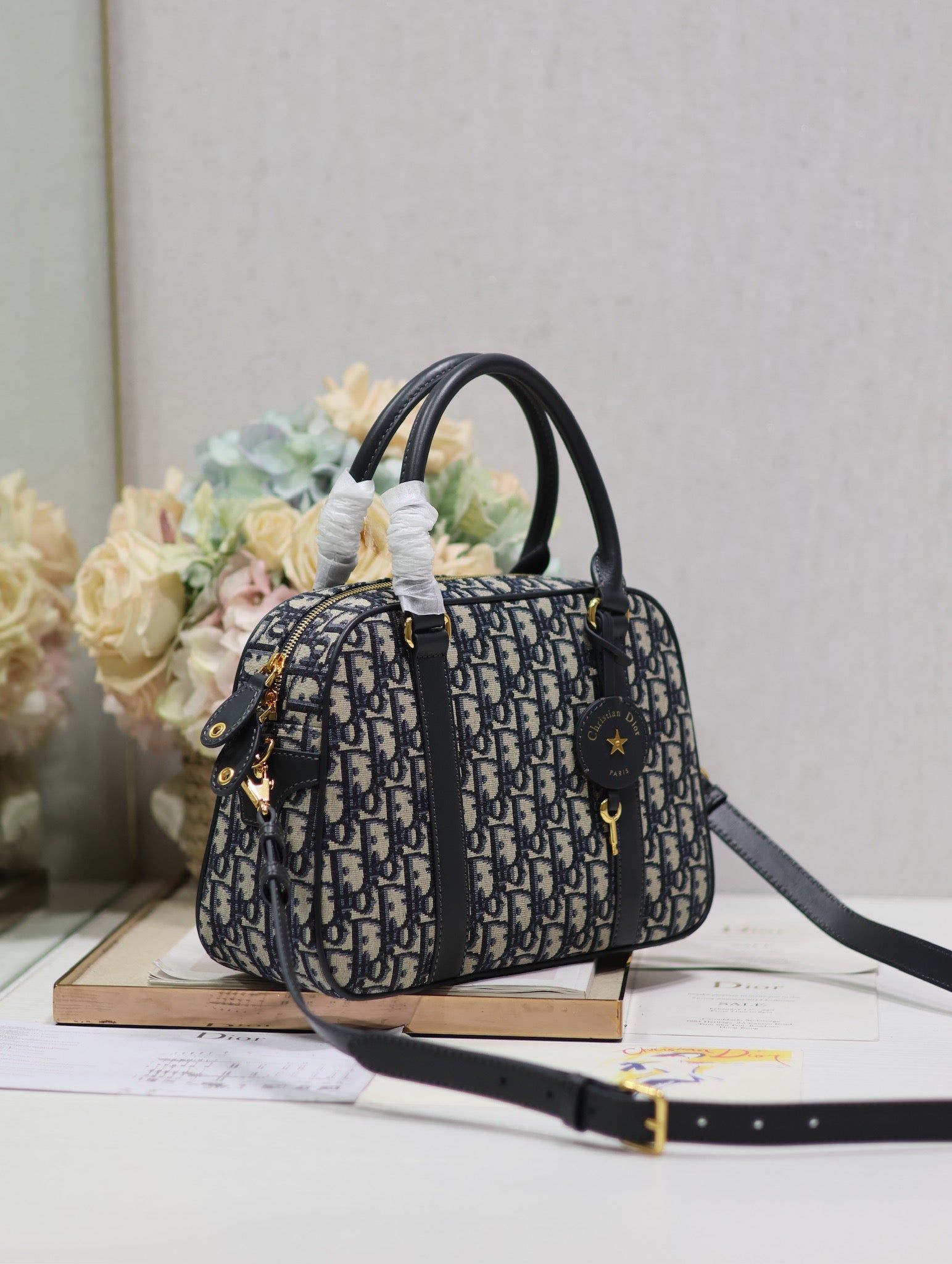Dior D-Vibe Series Blue Oblique Jacquard Bowling Bag - Image 3