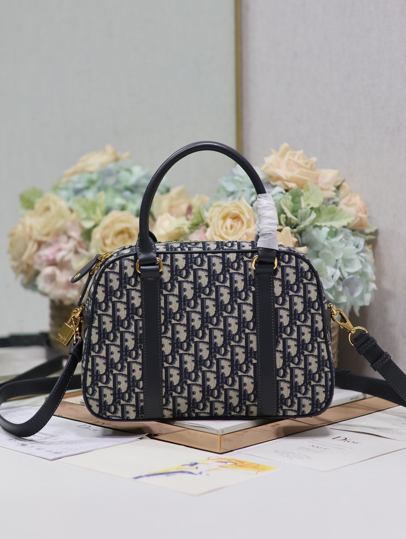 Dior D-Vibe Series Blue Oblique Jacquard Bowling Bag - Image 2