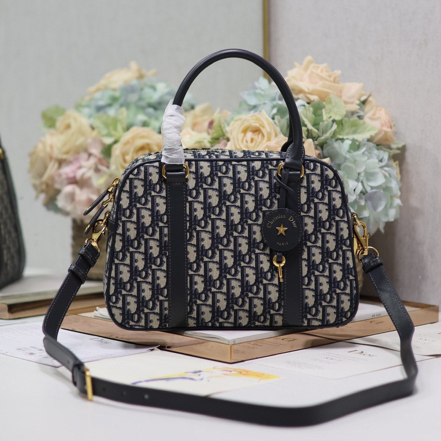 Dior D-Vibe Series Blue Oblique Jacquard Bowling Bag