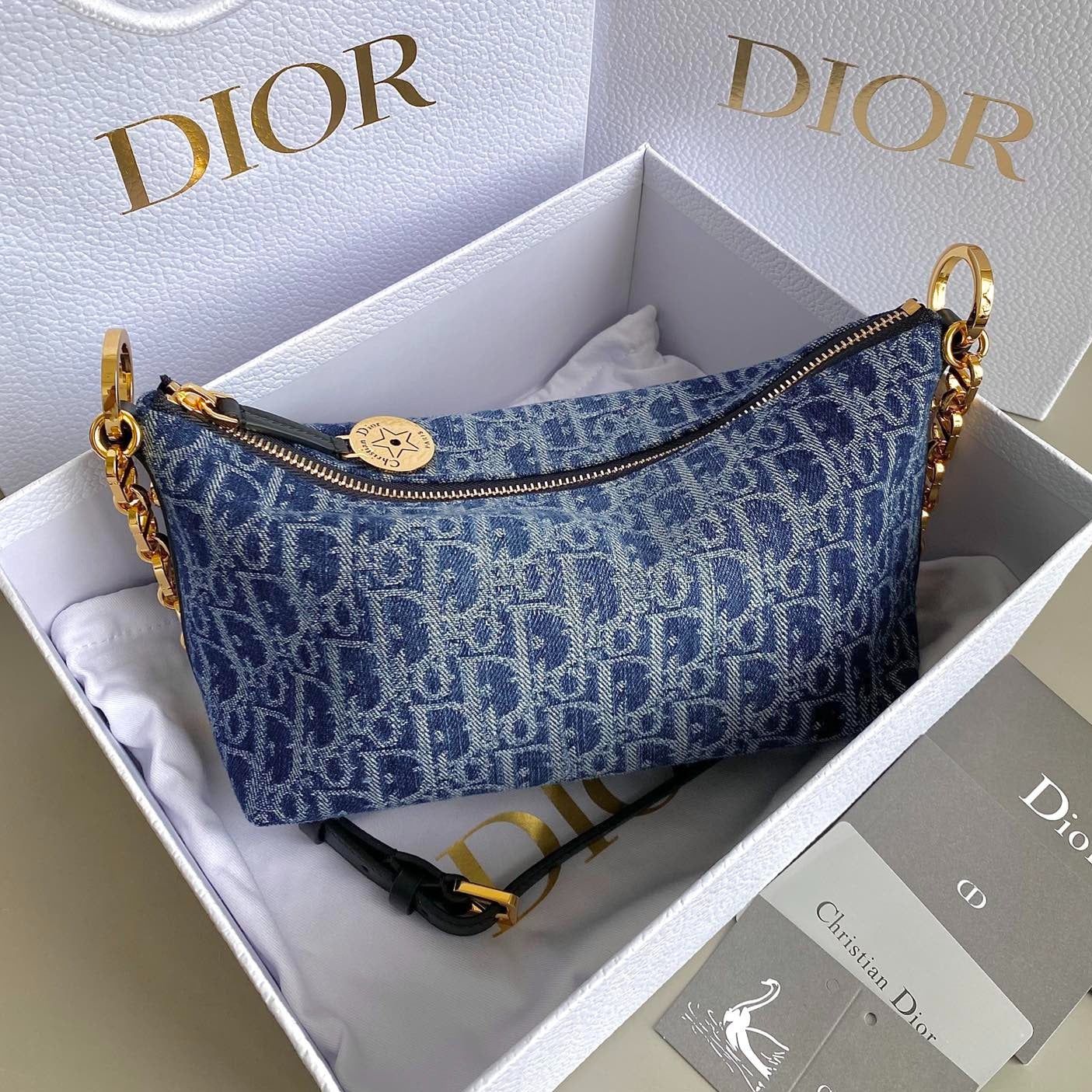 Diorstar 28 Hobo Blue Denim Oblique Jacquard
