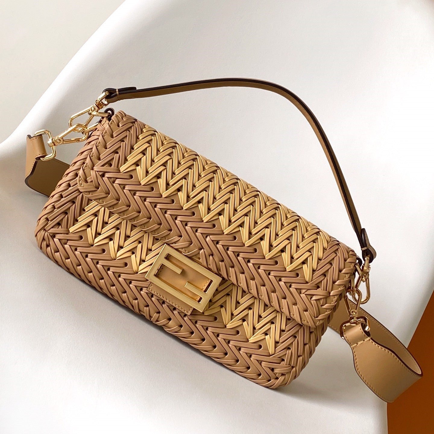 Fendi Baguette 27 Brown Beige Interlaced Calfskin