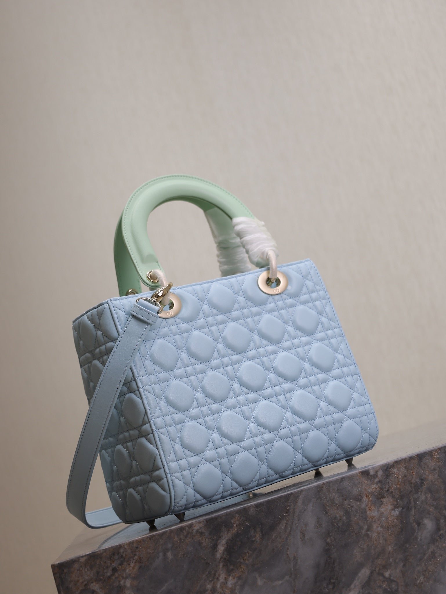 Dior Lady Bag 20 Celeste Blue Pale Green Lambskin - Image 6
