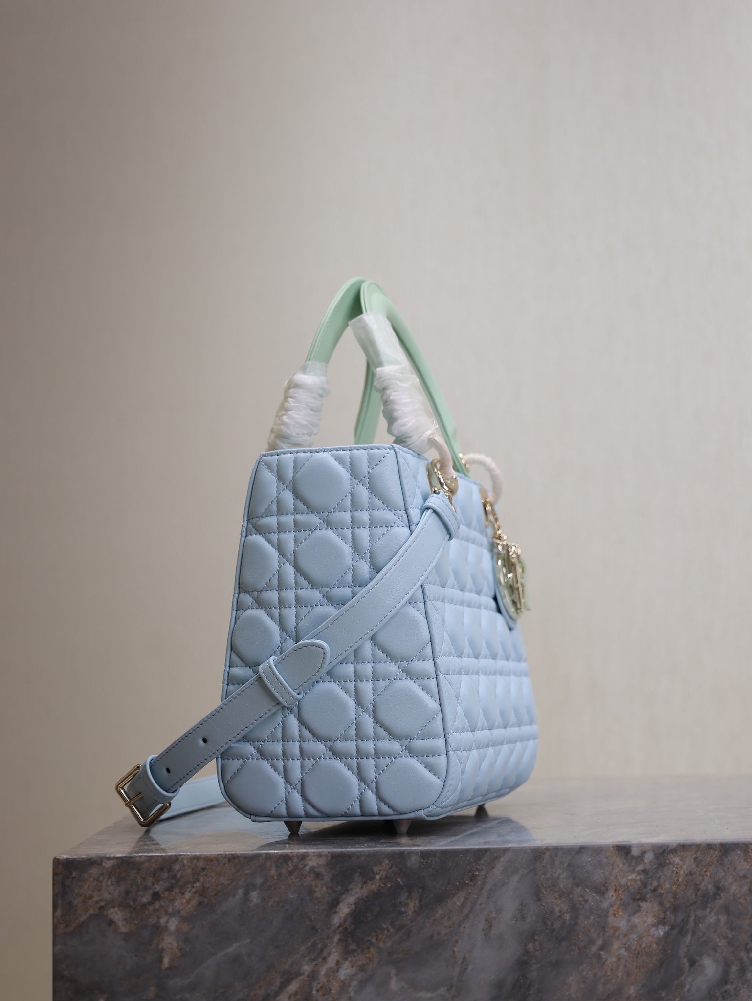 Dior Lady Bag 20 Celeste Blue Pale Green Lambskin - Image 8